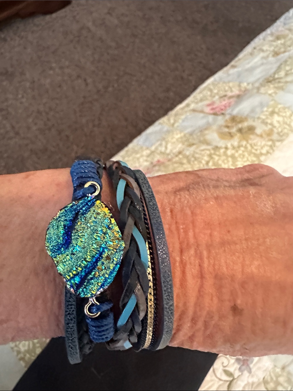 Multistrand Blue Druzy Leather Wrap Bracelet - Women Accessories